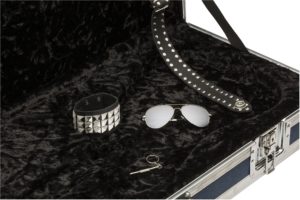 correa de cuero hecha a medida, pulsera de cuero personalizada y las gafas de espejo tipo aviador que Lynott solía usar en los conciertos